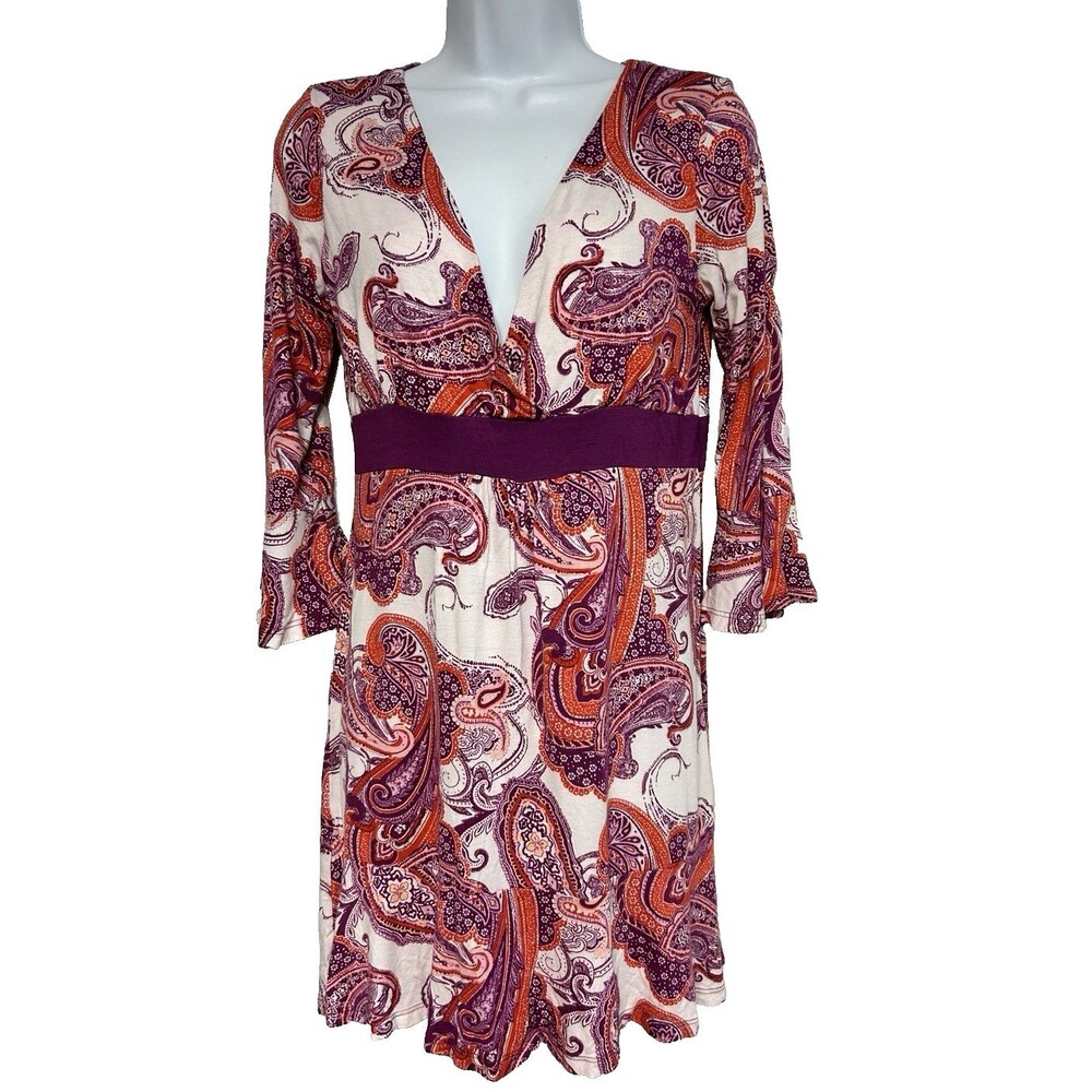 Women S Paisley Dress Stretch Empire Waist Ruffle Hem Bell Sleeve Y2K Retro H&M